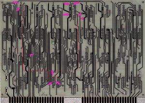 Back of SCELBI O-Scope Digital Board with rework highlighted